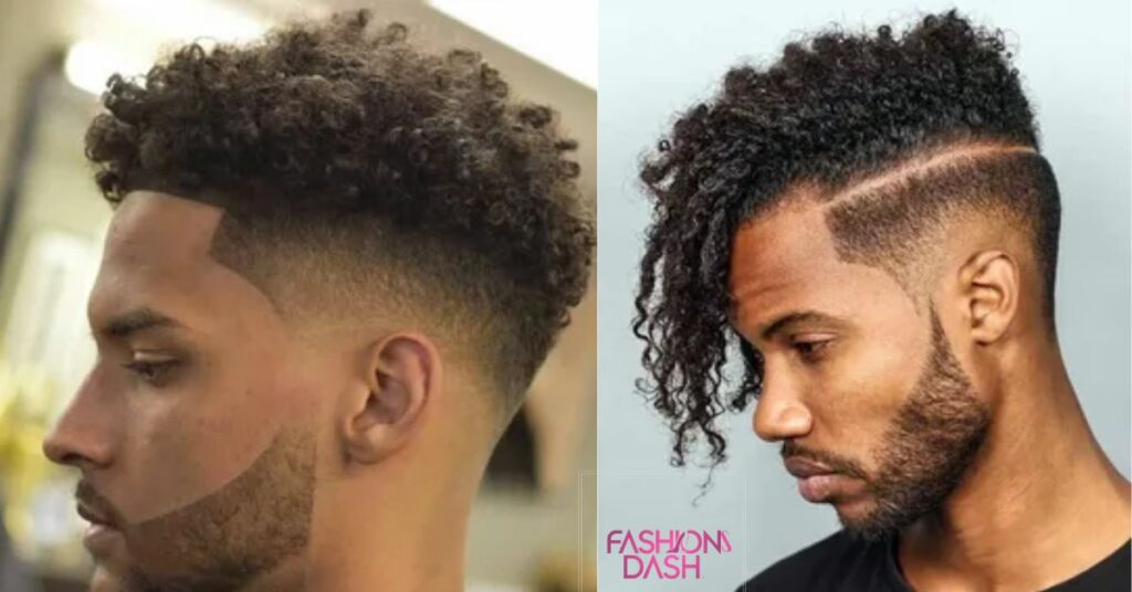 Men’s Curly Fade Hairstyle with Shaved Line