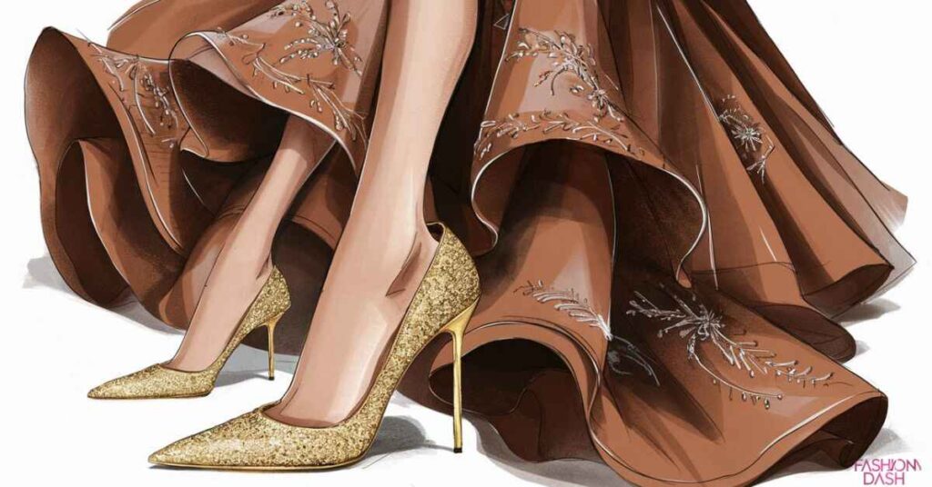 Gold Shoes with Brown Dress Outfits