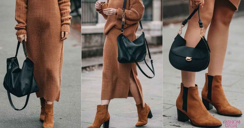 LONG SWEATER DRESS | TAN SUEDE ANKLE BOOTS | BLACK BAG