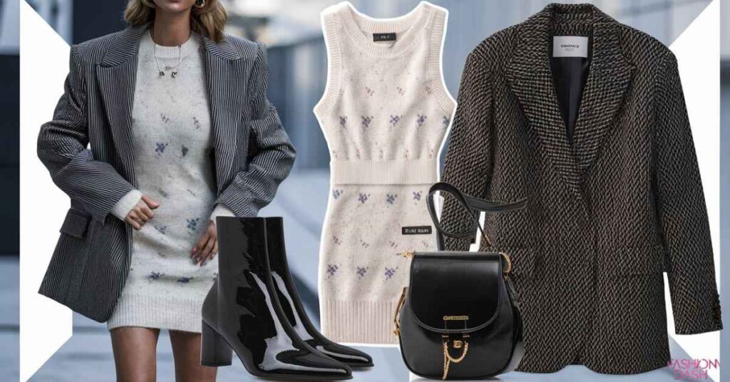 MINI SWEATER DRESS | HERRINGBONE BLAZER | GLOSSY ANKLE BOOTS (SIMILAR HERE) | BLACK BAG